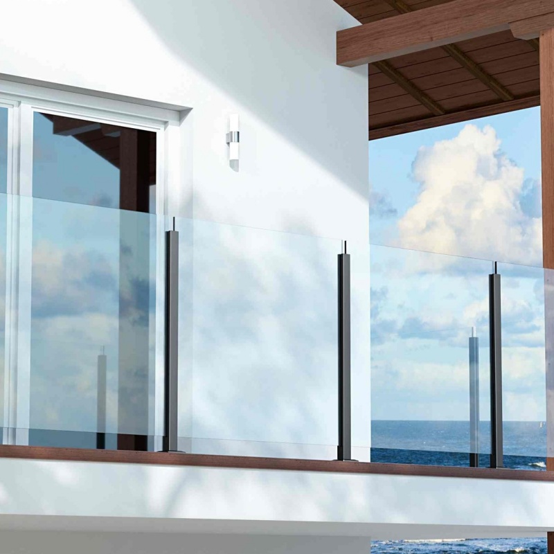 Modern Frameless Glass Railing with Stainless Steel Top Handrail Outdoor Balcony