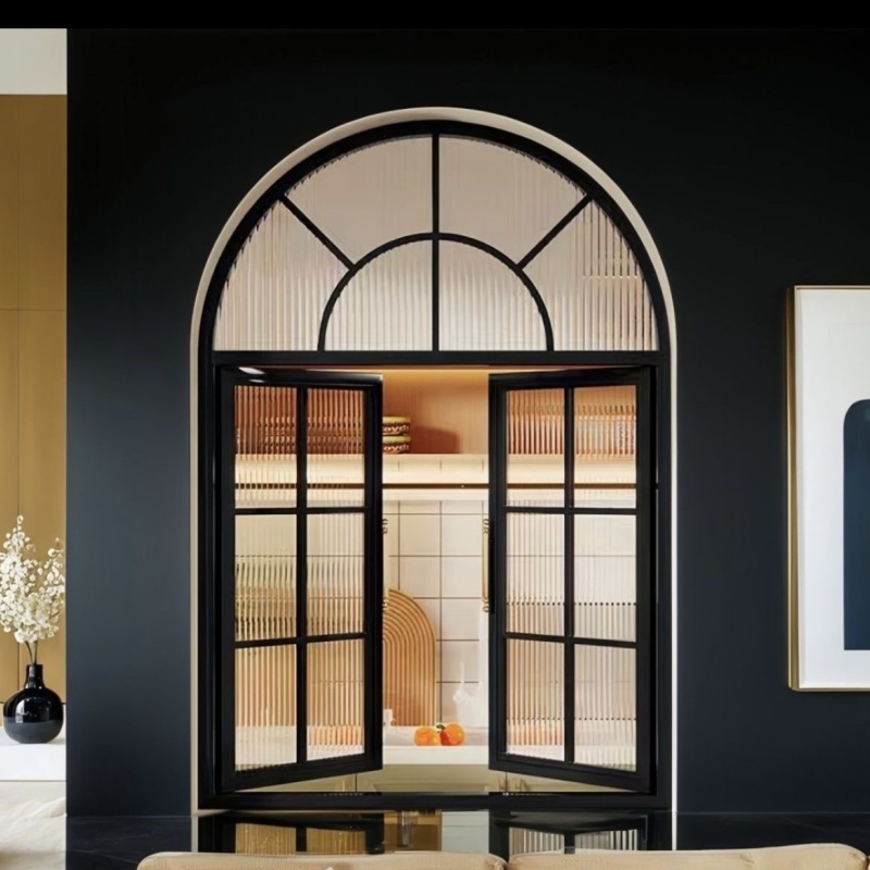 Customized Indoor French Retro Flat Door with Wrought Iron Aluminum Grille Design Arched Glass Shower Door Partition